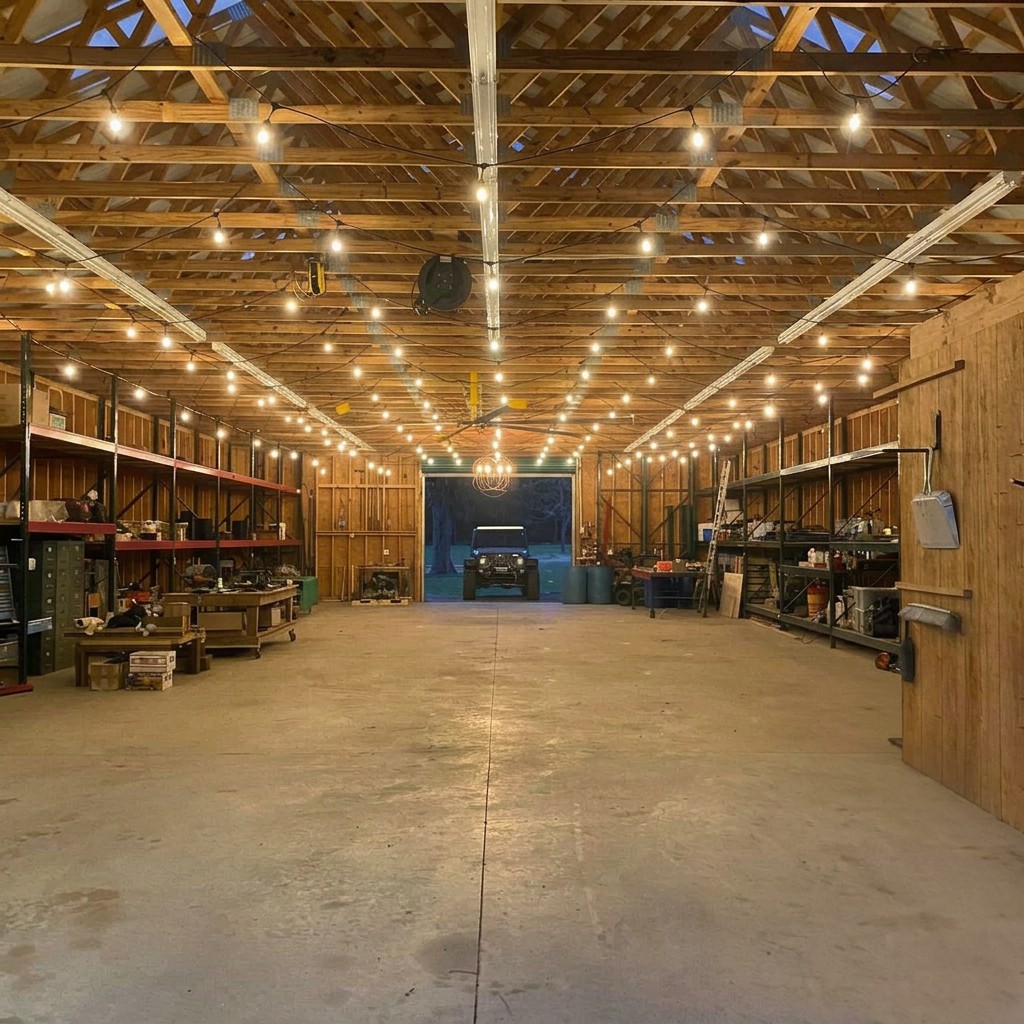 Custom pole-barn workshop with overhead lighting